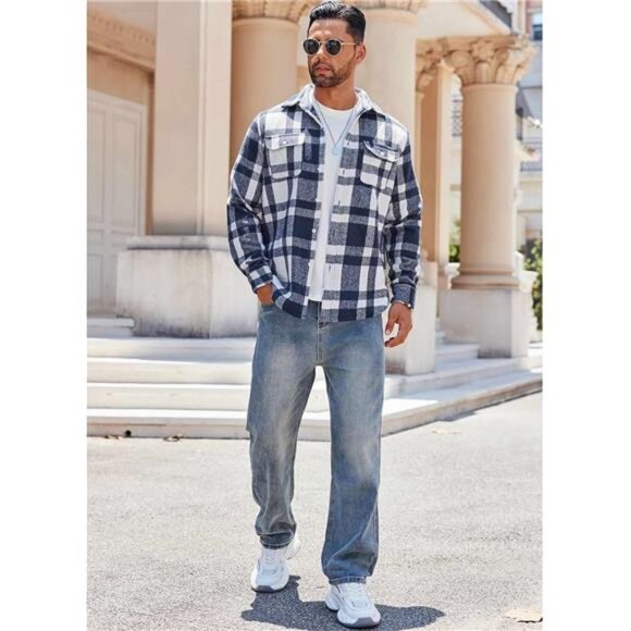 Men's Flannel Shirt Long Sleeve Plaid Casual Button Down Shirt with Pockets - Picture 4 of 7